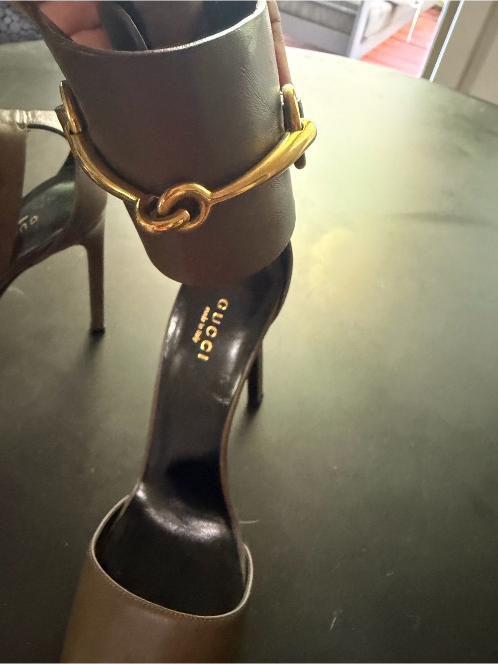 Gucci Taupe Leather Pointed Toe Ankle-Strap Stiletto Heels - Picture 9 of 11